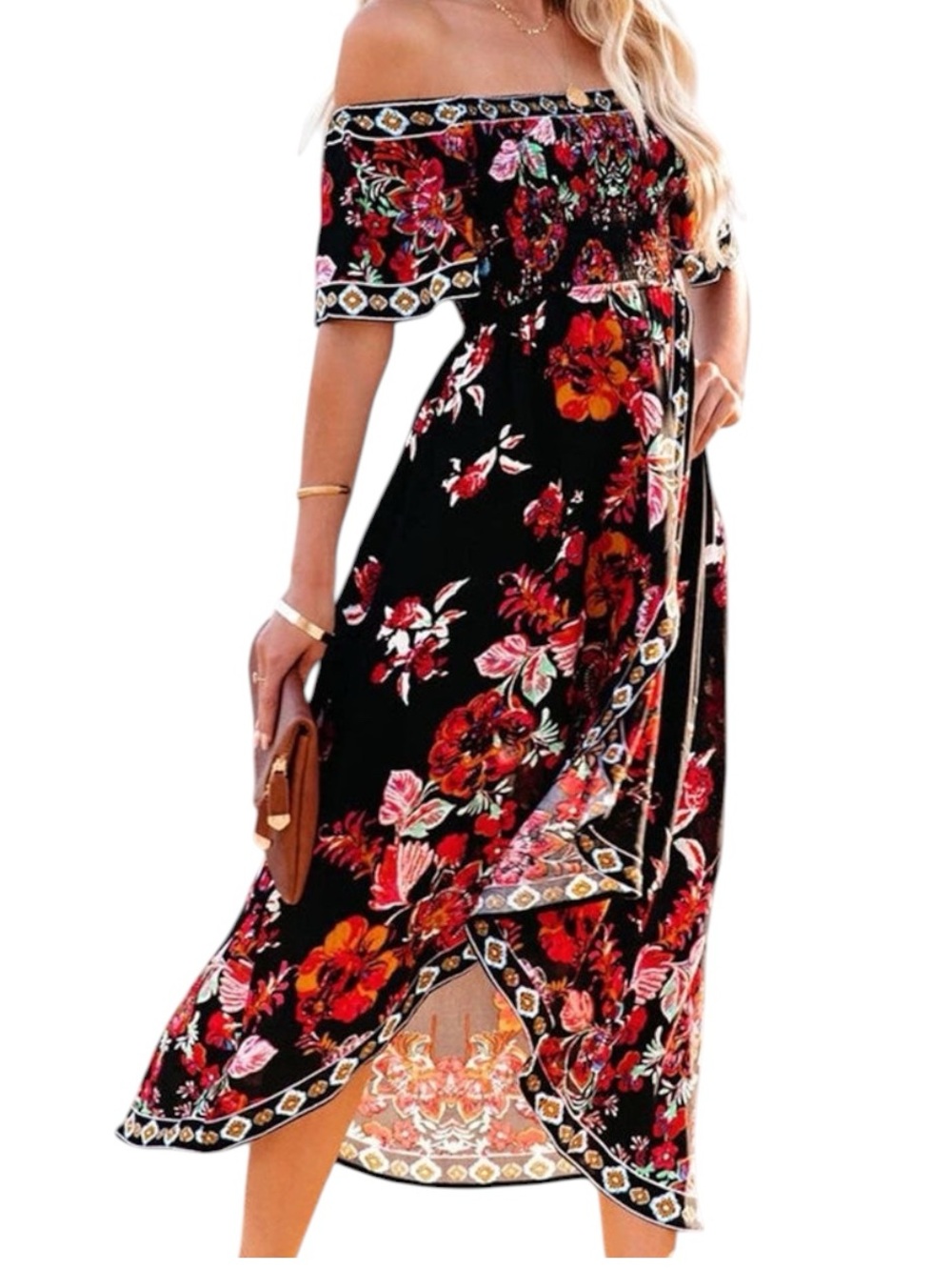 ❤️Vici Women’s Black Red Floral Boho Smocked Off Shoulder Slit Midi Dress | L